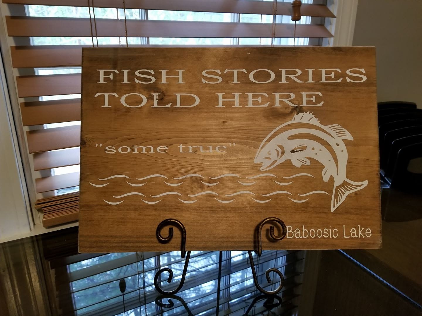 Fish Stories Told Here some true Baboosic Lake custom sign on natural pine