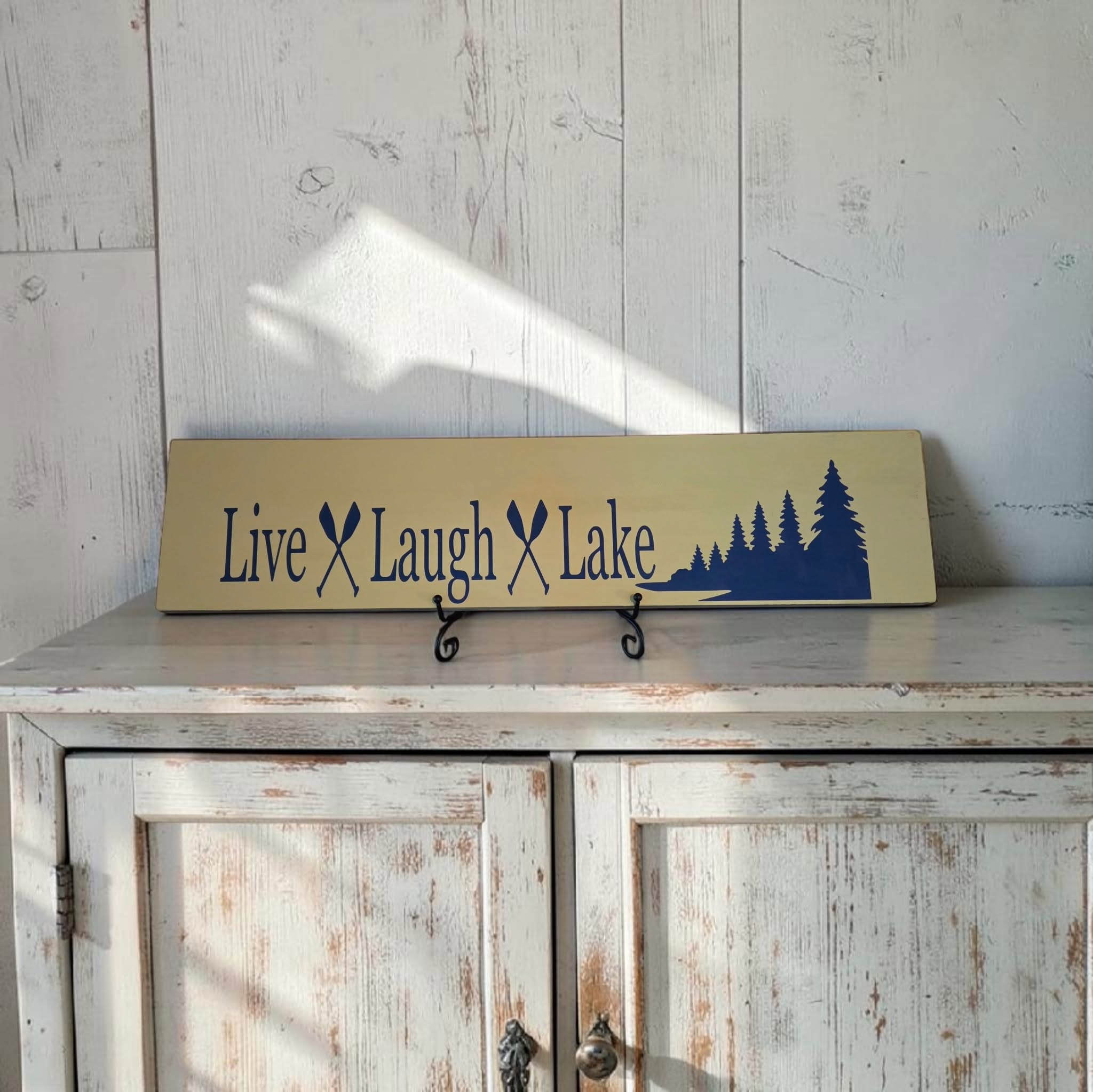Live Laugh Lake panoramic sign on painted dresser