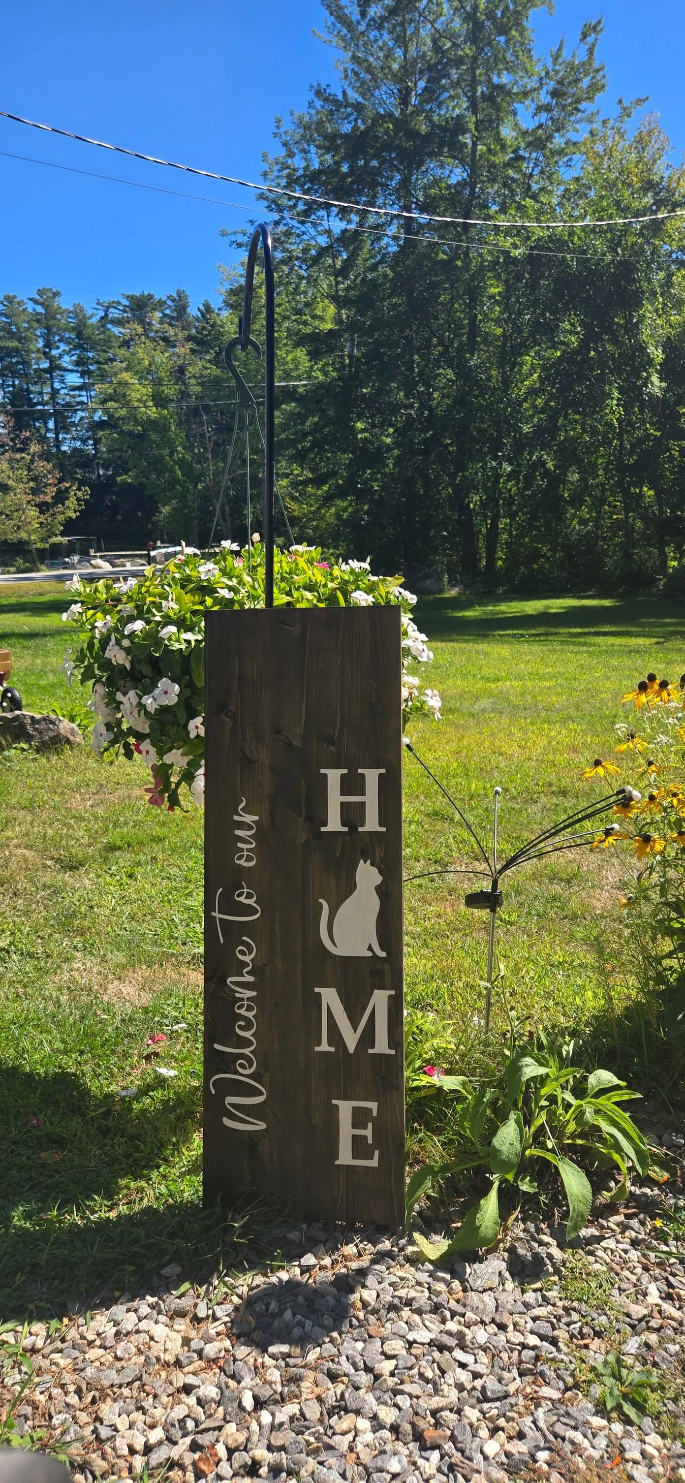 Tall rustic outdoor HOME garden post sign with greenery