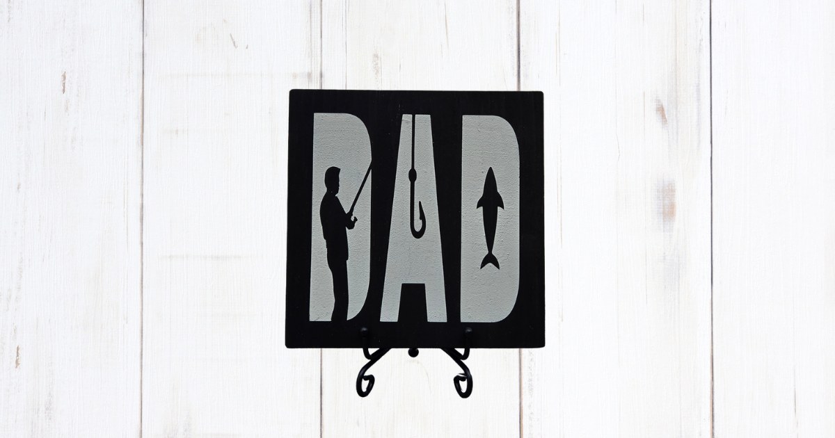 DAD fishing sign with fisherman hook and fish silhouettes