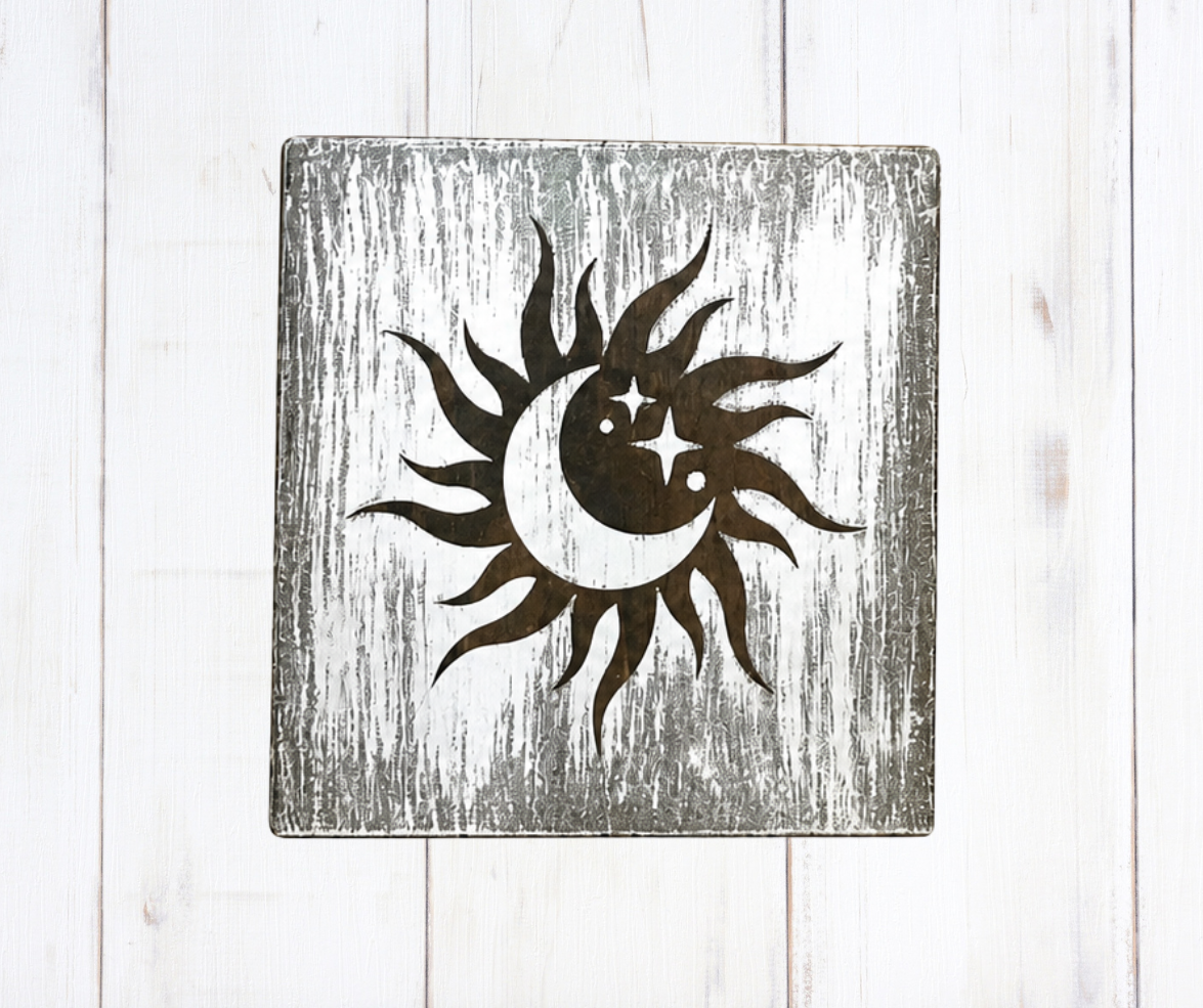Sun and moon graphic on whitewashed pine