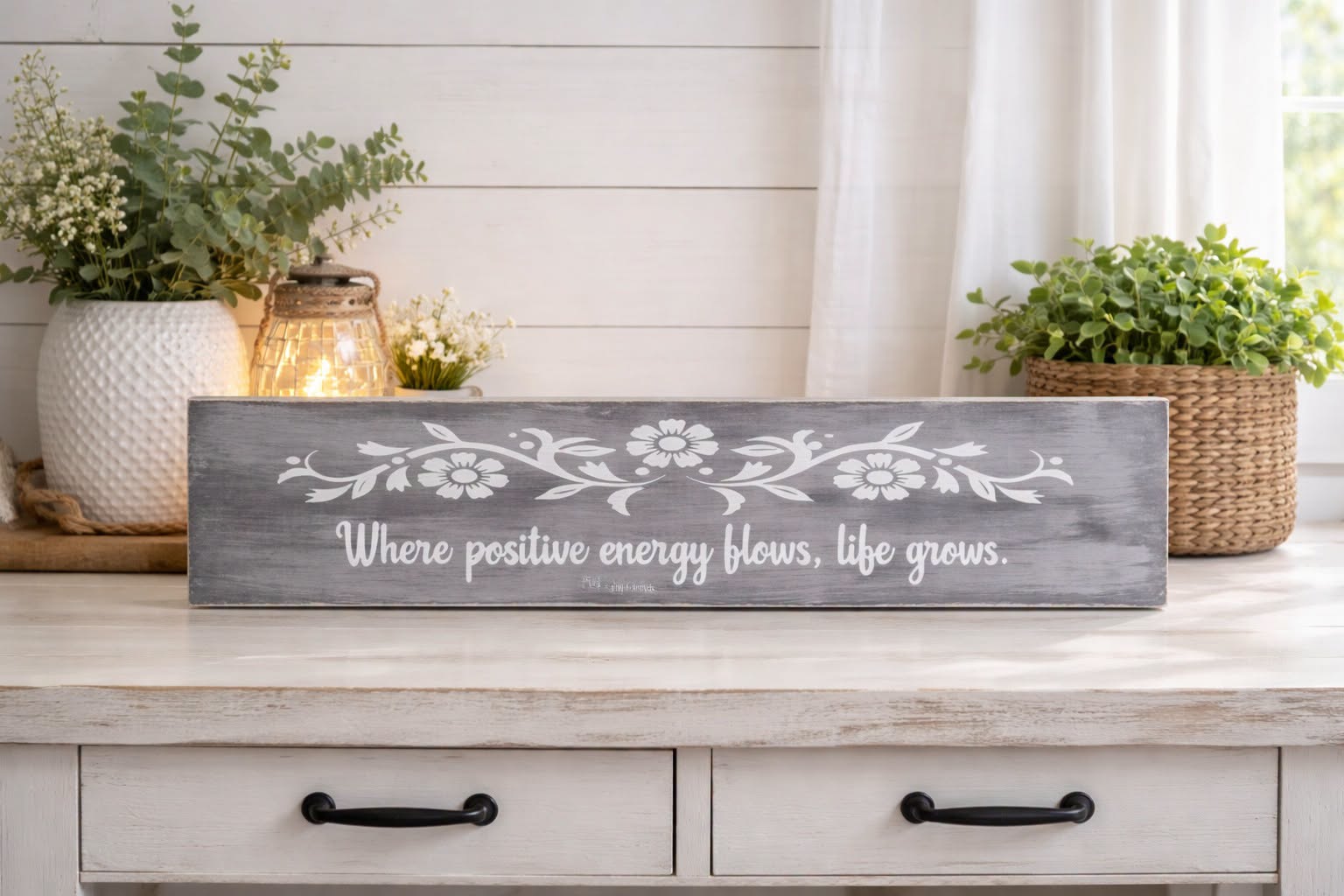Inspirational farmhouse sign with floral botanical detail
