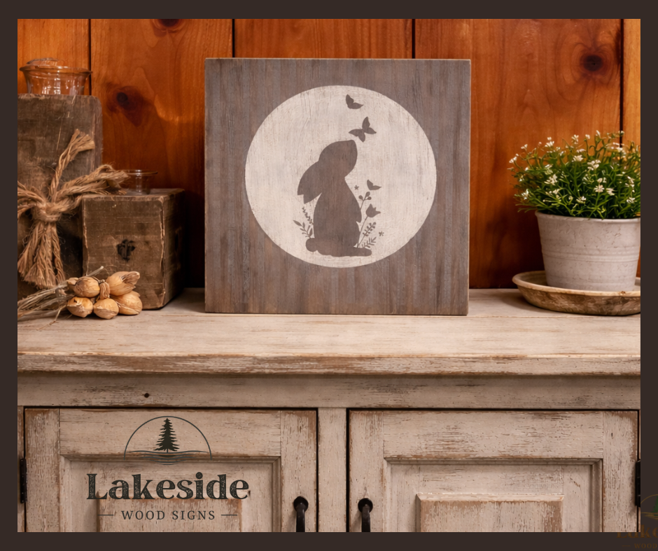 Spring bunny moon circle sign on gray pine