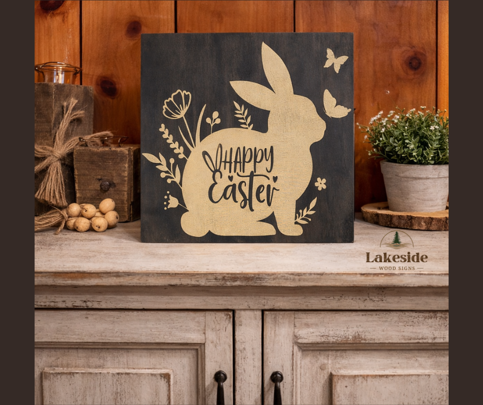 Happy Easter floral bunny sign on dark pine with gold