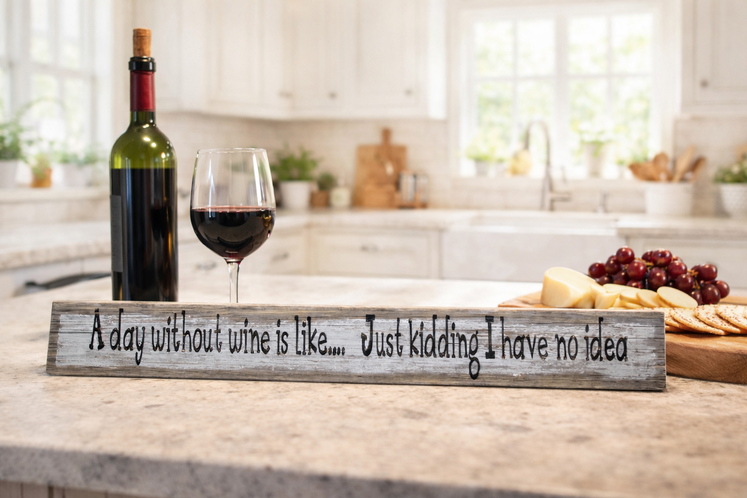 A day without wine is like... just kidding I have no idea sign on gray wood